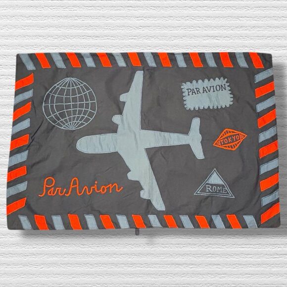 The Land of Nod Par Avion Airplane Standard Pillow Sham Gray Orange Blue - Picture 1 of 6